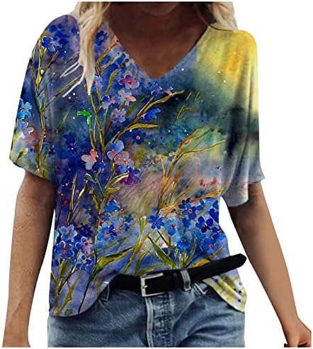 חולצות צוואר V נשים חולצות קיץ חולצות טבעות פרחוניות מודפסות.