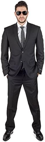 גברים רלים מתאימים חליפת שחור מוצק 2 כפתור מגרש דש מכנסיים קדמיים שטוחים על ידי אזאר