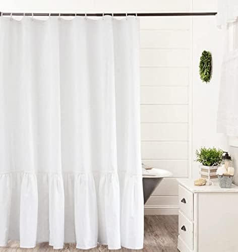 וילון מקלחת חווה של וולמאסאפ עם שולי פרע, וילון מקלחת פשתן לחדר אמבטיה, לבן, 72 x72