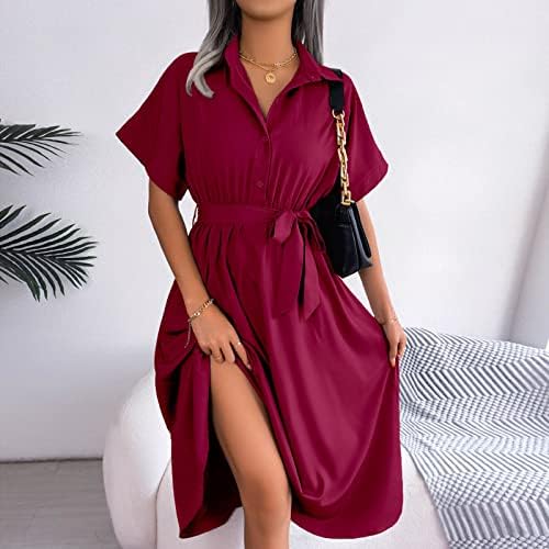 מקרית חולצה שמלות לנשים קיץ טרנדי מוצק דש צווארון כפתור קצר שרוול גבוהה מותן חגור מקסי ארוך שמלה