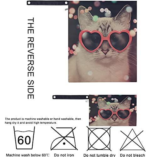 חתול מסוגנן עם משקפי שמש לב 2 יחידות תיק רטוב עם כיסי רוכסן רחיץ לשימוש חוזר תיק חיתולים מרווח לנסיעות,חוף ים,בריכה,מעון